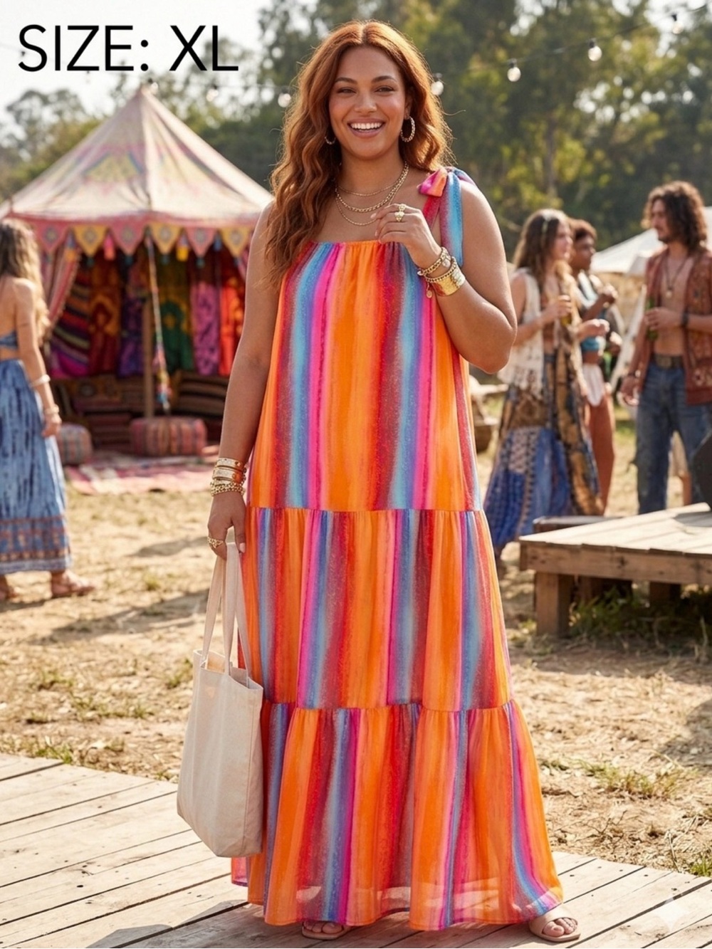 NWT Emily Wander Vibrant Stripe Tiered Maxi Dress Size L to 2X